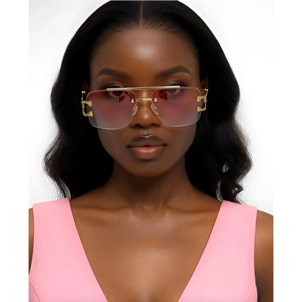 Pink Gradient Rimless‎ Square Women Sunglasses Gold Panther Wood Grain Temples